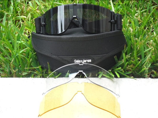 GALAXYLENSE Military Windproof Sport Airsoft Combat Motorcycle Riding Hunting Wargame Paintball Goggles For Men - Impact Proof Goggles - 99% UV Protection - 3 Replacement Lenses