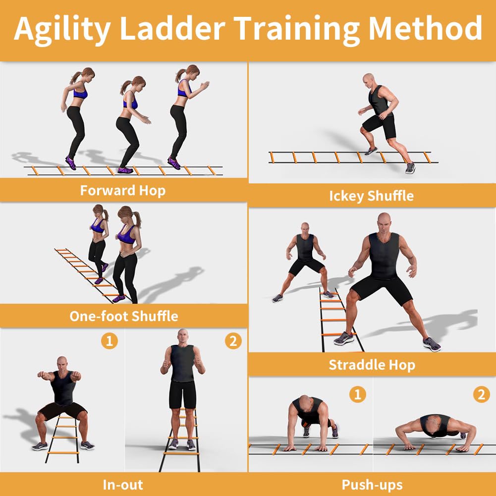 YISSVIC Agility Ladder and Cones 20 Feet 12 Adjustable Rungs Fitness Speed Training Equipment,1 Carry Bags, 10 Cones, 4 Stakes, Basketball, Soccer (20 feet Yellow)