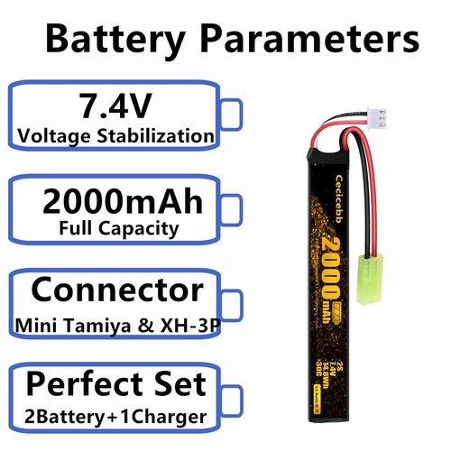 Cecicebb Airsoft Battery 7.4V 2000mAh 30C with Mini Tamiya Plug for Airsoft Model Guns Rechargeable 2S Lipo Battery 2 Pack with 7.4V USB Charger Cable