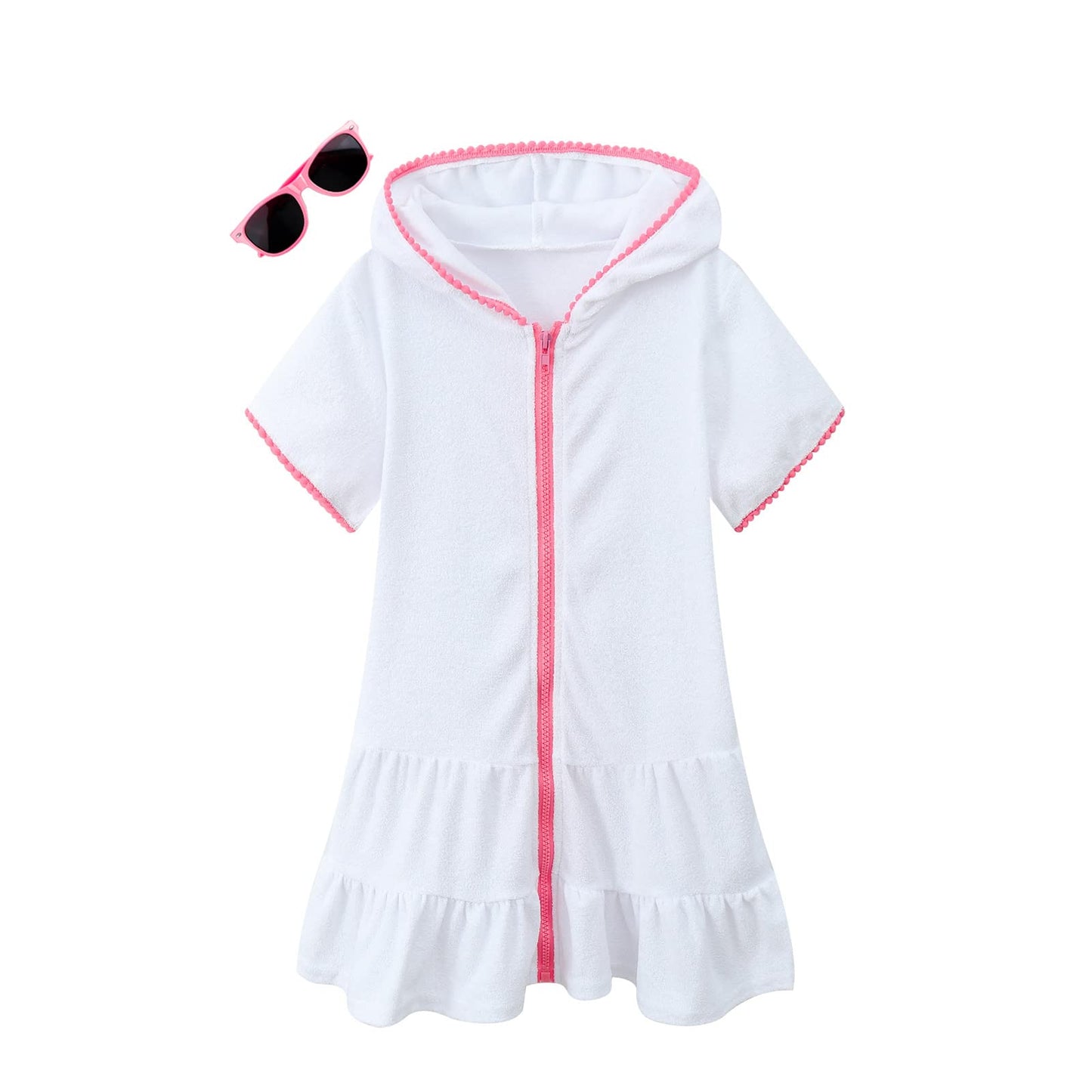 LUCKYGAL Kids Beach Coverup Girls Swimsuit Coverup Zip-Up Beach White Bathing Suit Wraps,4t 5t