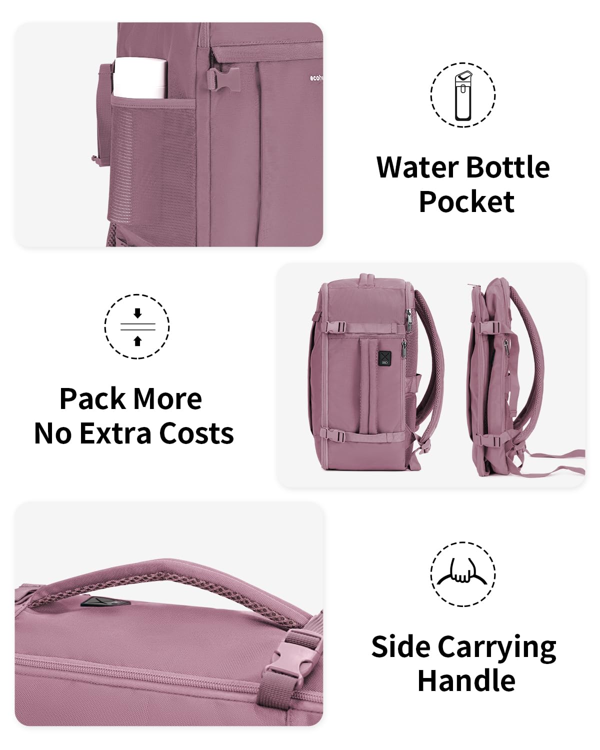 ECOHUB Travel Backpack for Women, Carry on Backpack with USB Charging Hole, Spirit Airlines Personal Item Bag Flight Approved, 15.6 Inch Laptop Backpack with Anti Theft Pockets, 30L, Pink