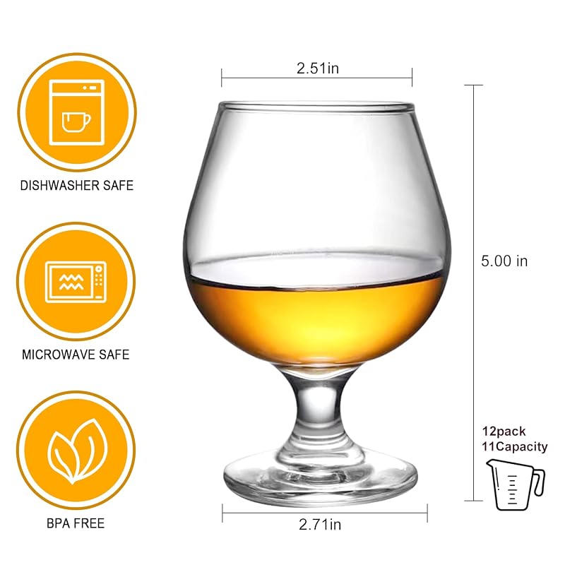 Brandy Snifter Glasses Set of 12 - 11 oz Clear Crystal Stemware
