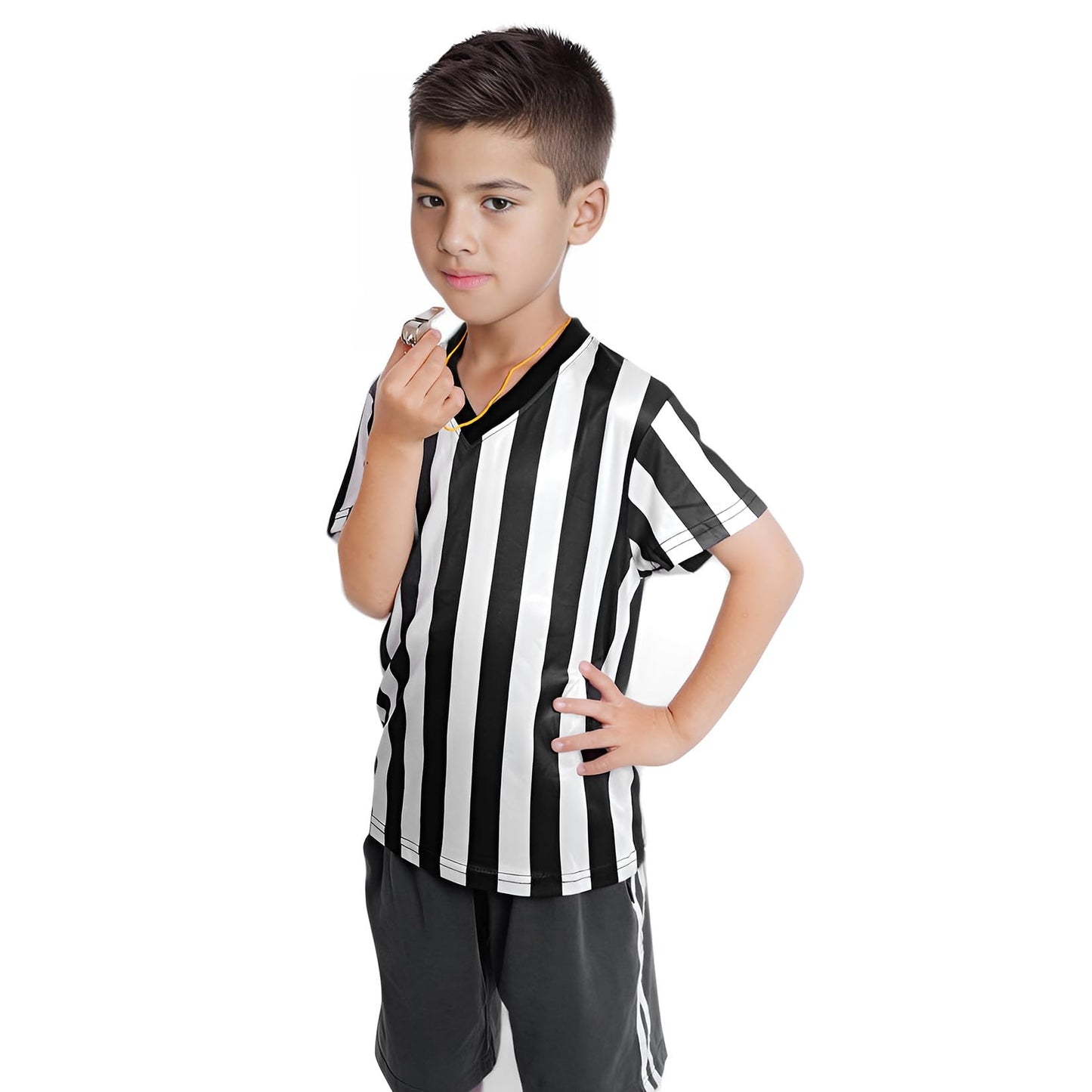 obmwang Kids Referee Shirt Costume, Black and White Stripe V Neck Referee Shirt, Yellow Penalty Flag and Stainless Steel Whistle for Soccer Basketball Football