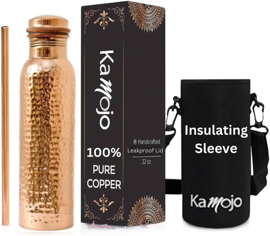 Kamojo Copper Water Bottle for Drinking - Hammered 100% Pure Copper Tumbler with Leak Proof Lid, Removable Insulating Sleeve & Straw - Handcrafted Ayurvedic Cup for Water 32 fl oz
