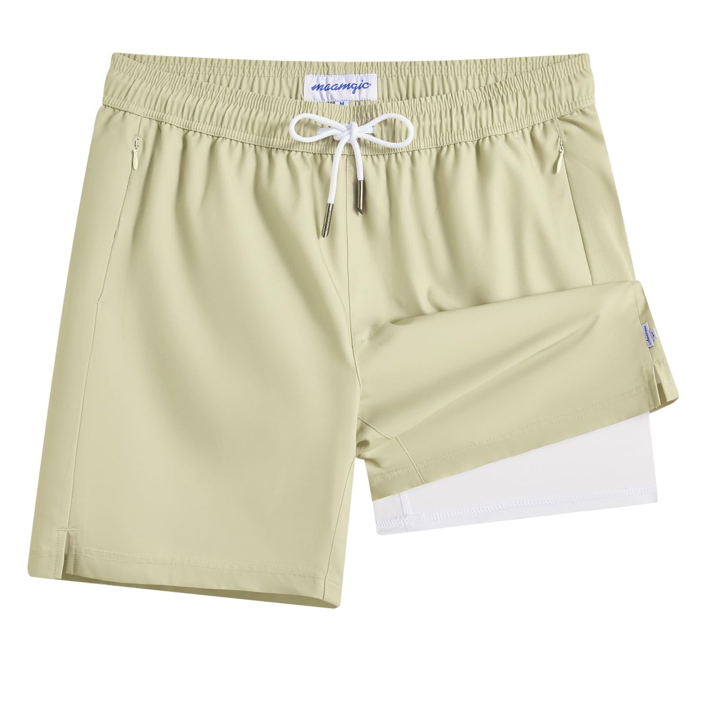 maamgic Mens Swim Trunks - Mens Bathing Suit with Compression Liner 7 Inch Quick Dry Fshion Stretch Zipper Pockets Swimwear Light Khaki White