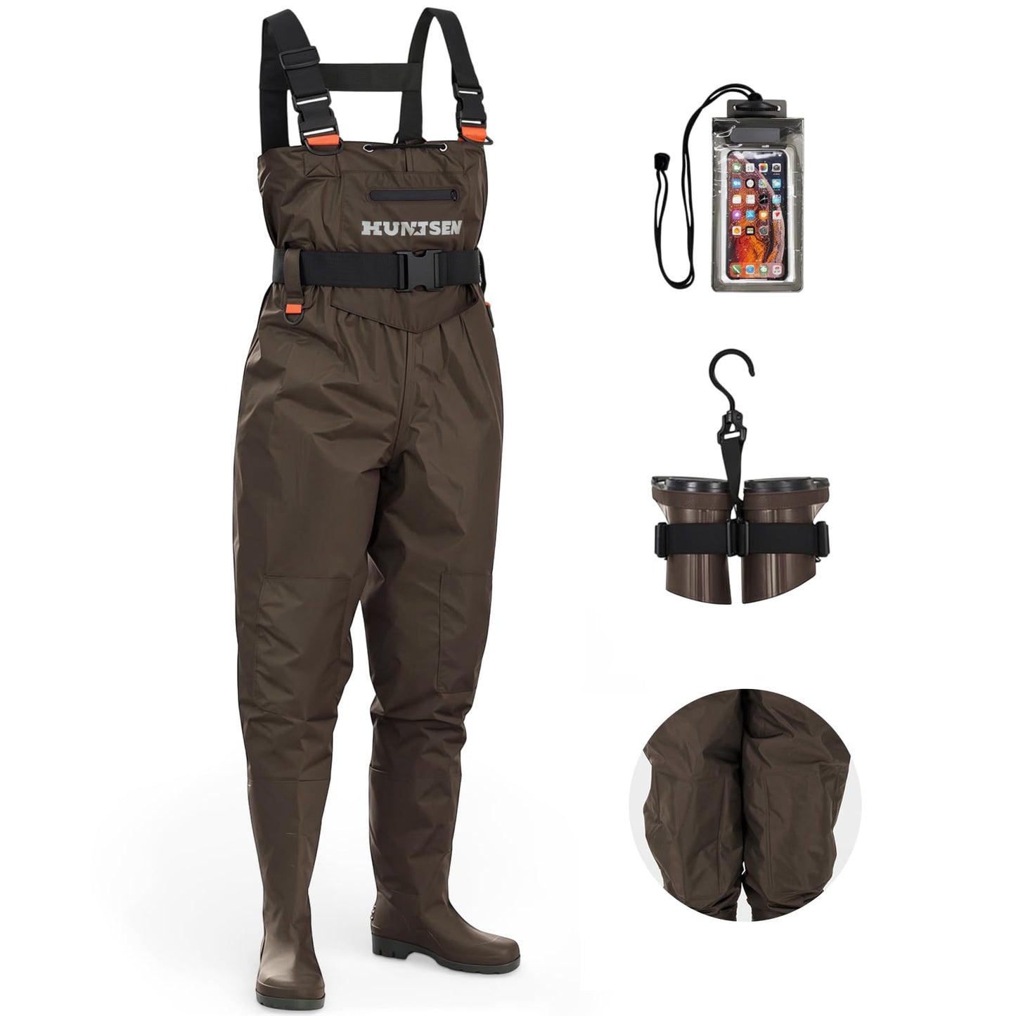 HUNTSEN Fishing Waders for Men Women - 2-Ply Nylon/PVC Waterproof Hunting Chest Waders with Boot Hanger&Phone Case, Size10-12