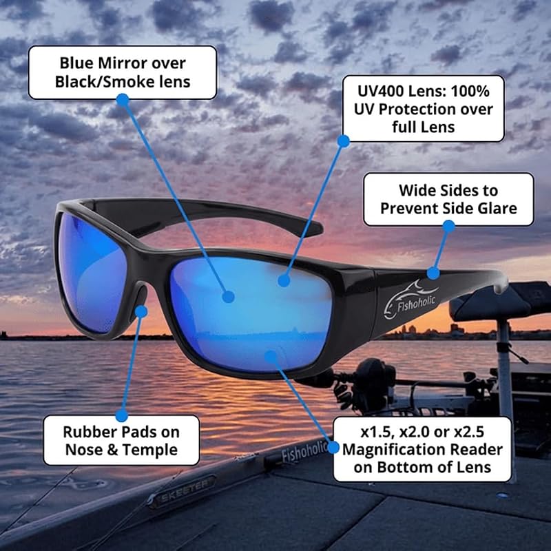 Fishoholic Polarized Bi-Focal Fishing Sunglasses with 1.5x, 2.0x or 2.5x (Variation: Black +2.5 Blu)