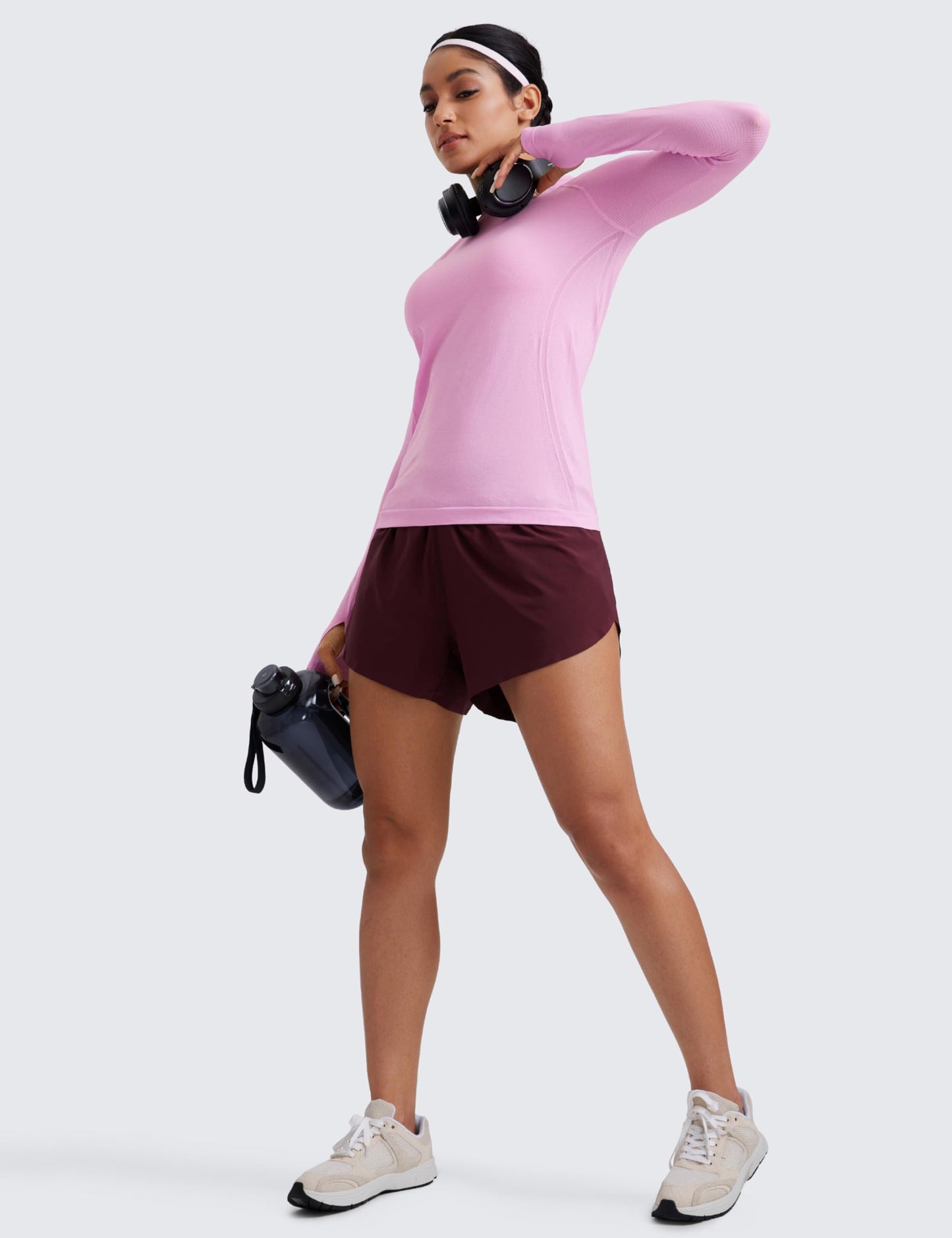 CRZ YOGA Seamless Long Sleeve Shirts for Women Hip Length - Workout Athletic Running Gym Yoga Tops Breathable Crewneck Tshirt Heather Pink Medium