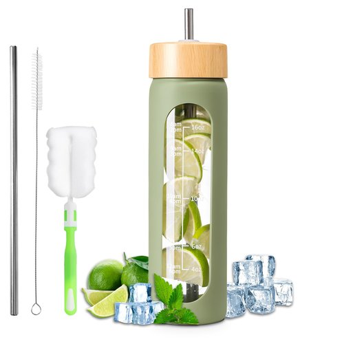 FrutPunch 18 OZ Glass Water Bottles, Water Bottle with Time Marker, Leakproof Glass Water Bottles with Silicone Sleeves, Suitable for Offices and Gyms. (green)
