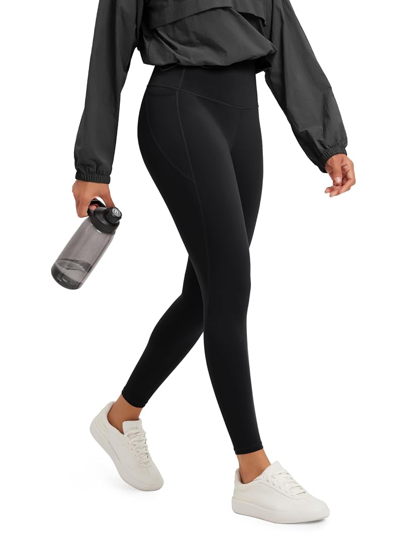 ODODOS 7/8 High-Waisted Tummy Control Leggings with Side Pockets – 25" Inseam, Black, Large