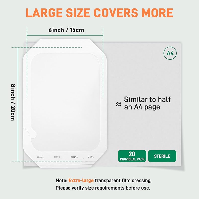Transparent Film Dressing 6" x 8" (20pcs) - Waterproof Wound Cover, Breathable Adhesive Patch