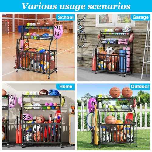 Garage Sports Equipment Organizer,Sports Ball Organizer with Wheels,Basket,Ball Organizer with Baseball Bat Rack and HooksToy Storage Rolling Cart-Black