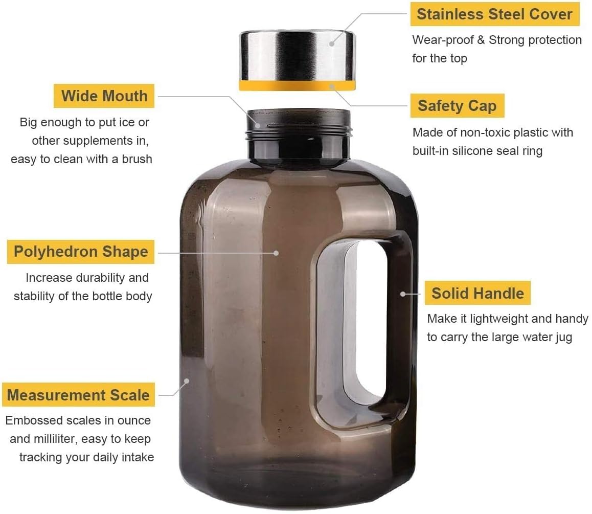 VENNERLI Half Gallon Water Bottle with Handle BPA Free Sports Water Bottles 74oz Large Plastic Water Jug 2.2L Motivational for Outdoor Hiking Camping Running (Black)