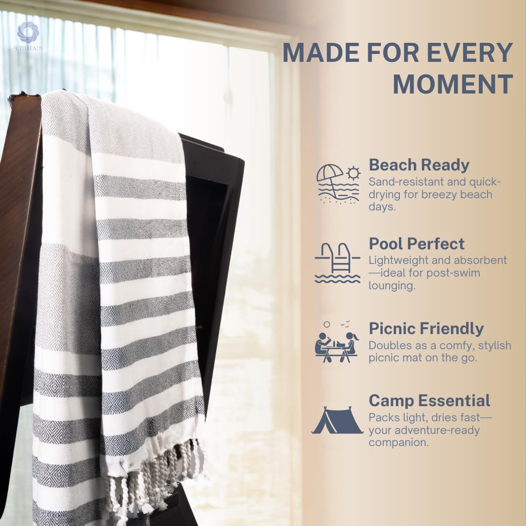 9Threads Cotton Turkish Beach Towel with Towels Oversized 36"x72" Pool Absorbent Extra Large Quick Dry Sand Travel Towel (Mélange Drift, 4 Pack)