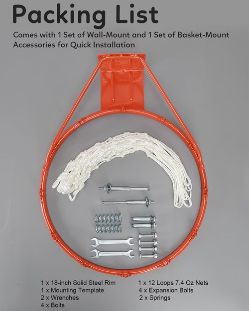 Heavy Duty Replacement Basketball Rim - 18" Solid Steel with Heavy-Duty Net, Pro-Grade Basketball Hoop Rim, Wall-Mount & Hoop Replacement, Double Spring Basketball Hoop Rim & Complete Installation Kit