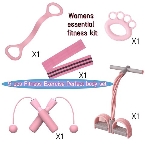 5 PCS Home Fitness Kit, Pink, Includes Jump Rope, Resistance Bands, Pedal Puller, Back Stretcher, Hand Grip