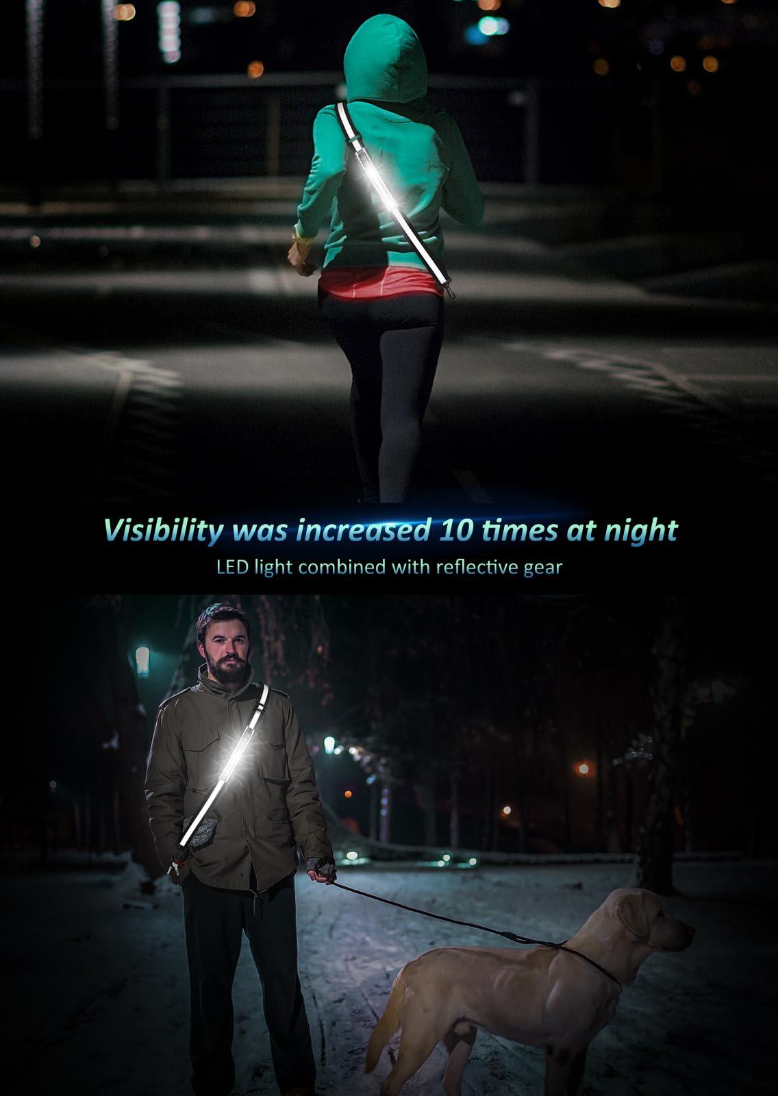 Ylzzrs LED Reflective Belt Sash Walking Gear,Safety Lights for Walkers at Night,High Visibility Safety Rechargeable Reflective Running Gear for Men Women Kids Night Dog Walking Gear (Black)