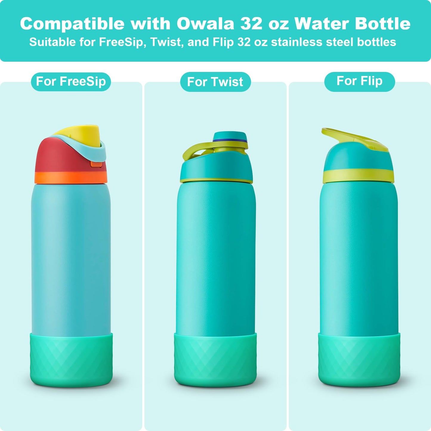 Alwenid 2PCS Silicone Water Bottle Boot for Owala 32 Oz, Anti-Slip Protective Sleeve Bottom Bumper Protector for FreeSip, Twist, and Flip Stainless Steel Water Bottles (Cyan)
