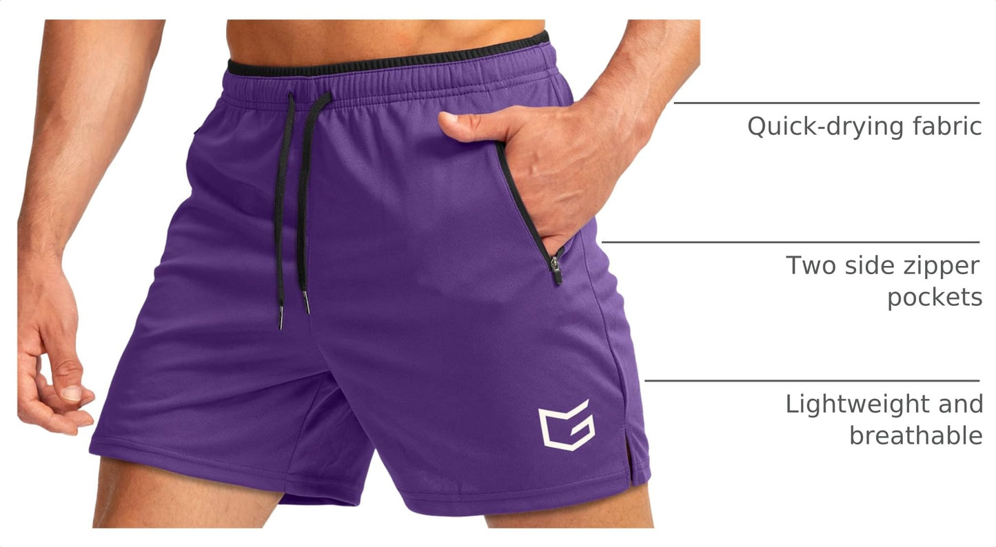 Men's Gym Workout Shorts Zipper Pockets 5" Quick Dry Breathable Runing Athletic Short for Men (Purple, Small)