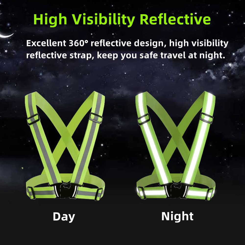 YUNLOVXEE Reflective Strap Safety Vest Gear - 2-10 Pack Adjustable High Visible Reflective Running Gear for Women Men Night (Green+Black)