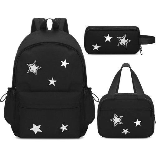 Sunnymove 3 Pcs Cute Y2k Star Backpack Set with Lunch Bag and Pencil Case, Kawaii Aesthetic Canvas Bookbag, Preppy Grunge Trendy Backpack College Casual Day Pack for Women Black