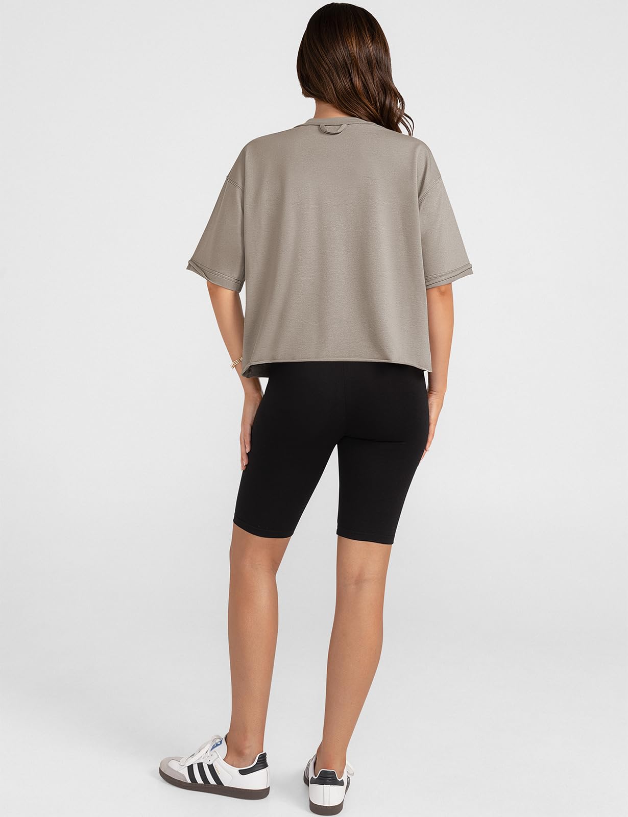 UEU Women's 2025 Trendy Basic Workout Gym Running Short Sleeve Crop Tops Casual Loose Oversized T-Shirts Gray