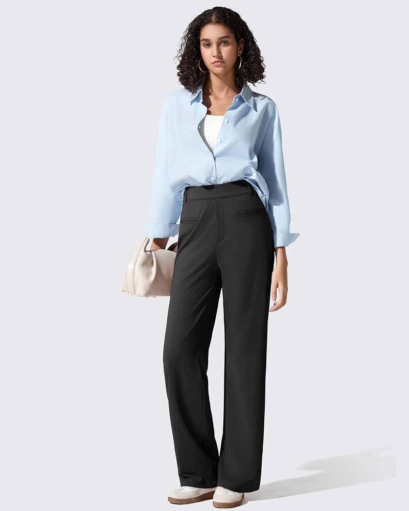 G4Free ShiftReady Women’s Work Pants with Pockets - Straight Leg Trousers, Black, Petite Medium