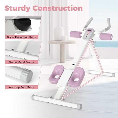 Goplus Adjustable Ab Trainer Machine, Foldable Ab Workout Equipment with Knee Protection, LCD Monitor, Home Gym Abdominal Trainer for Stomach Workout Core Strength Fitness (Pink+White)