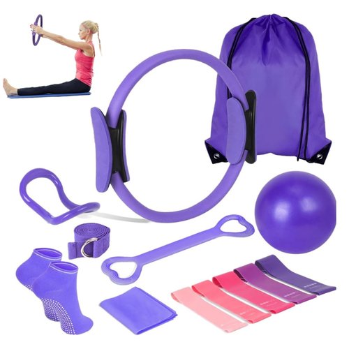 At Home Pilates Kit 13 pcs, Pilates Equipment for Home Workouts, Pilate Accessories Set with 9.8” Ball, 12” Magic Circle Yoga Rings, Resistance Bands, Pilates Essentials Kit for Women Gift (purple)