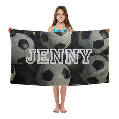 FrameStory Personalized Sports Beach Towel for Kids – Custom Name Beach Towels, Quick Drying, Super Soft Silk Touch; Soccer Themed, Large 30"x60", 1-Sided Printing, Printed in The USA
