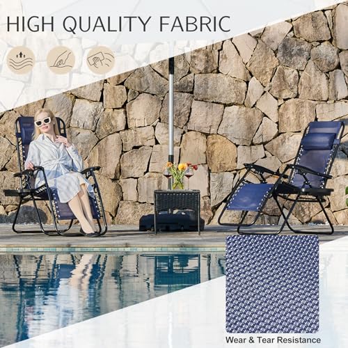 Sweetcrispy Zero Gravity Chairs Set of 2 - Classic Blue Folding Lounge Chairs with Cup Holder & Adjustable Pillow