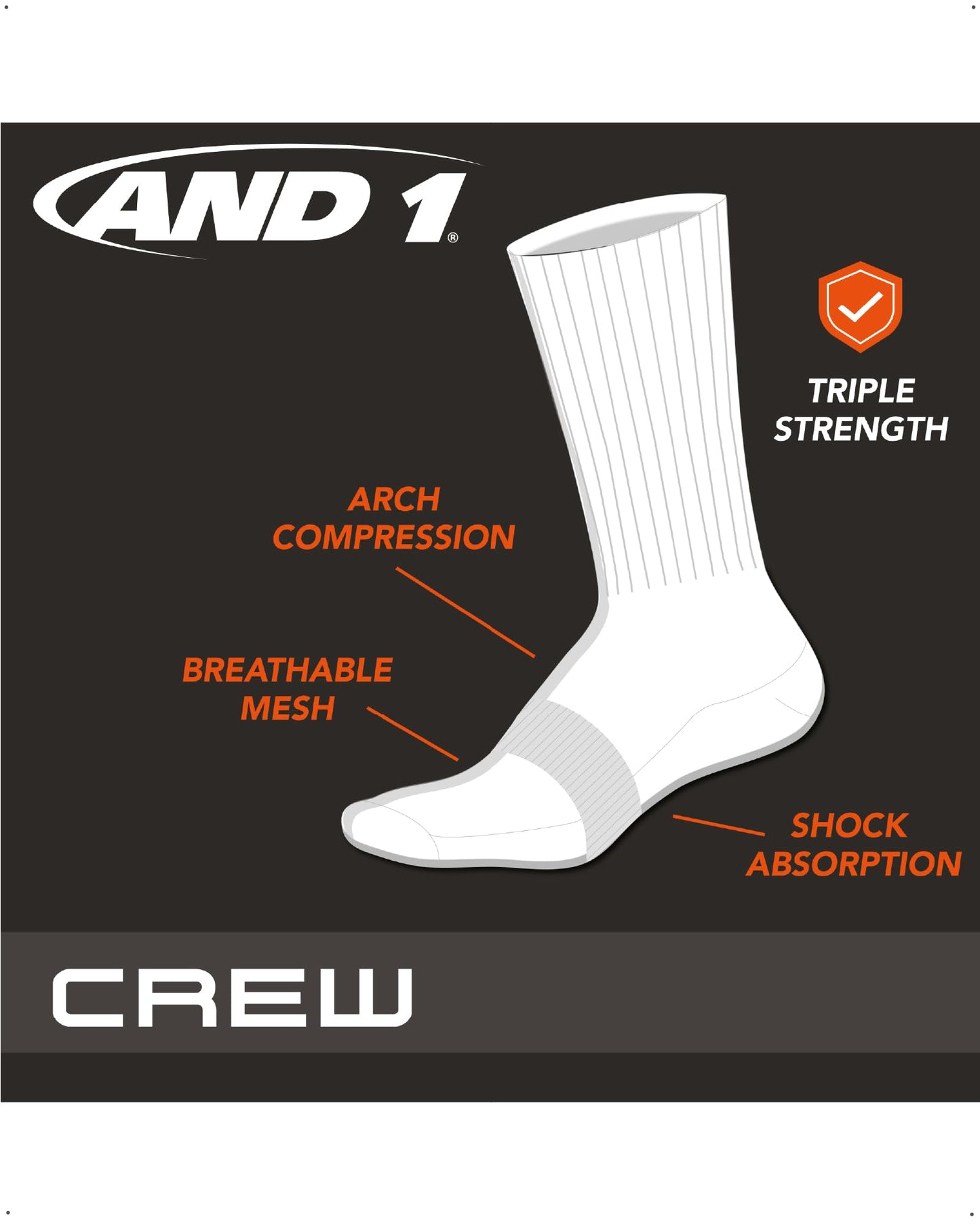 AND1 Mens Crew Socks 12 Pack Cushioned Athletic Socks