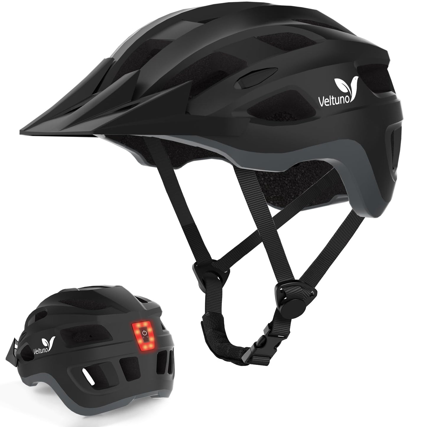 Veltuno Bike Helmet for Adults, Lightweight Mountain Bicycle Helmet with USB Rechargeable LED Rear Light, Removable Sun Visor for Women, Men, Suitable for Cycling and Commuting (Black, Large)