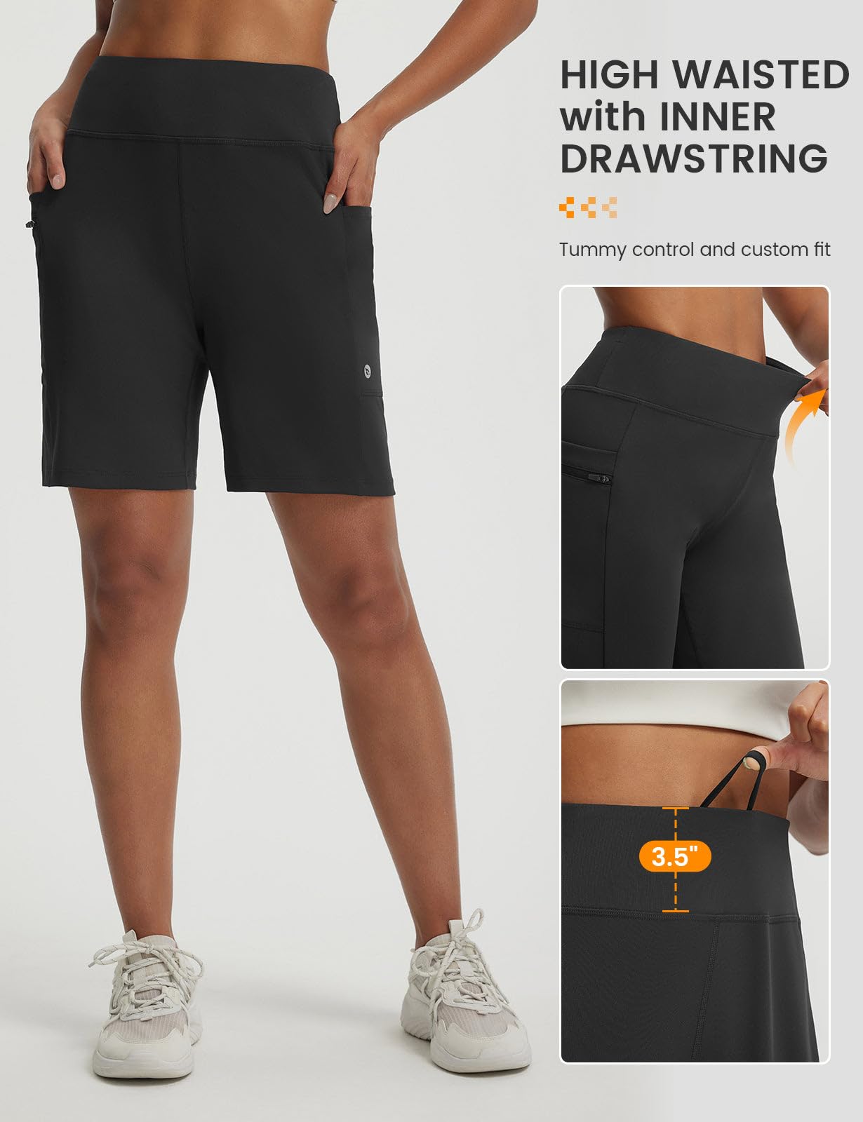 baleaf Women's 7" Bermuda Shorts Athletic Workout Zipper Pockets Black L