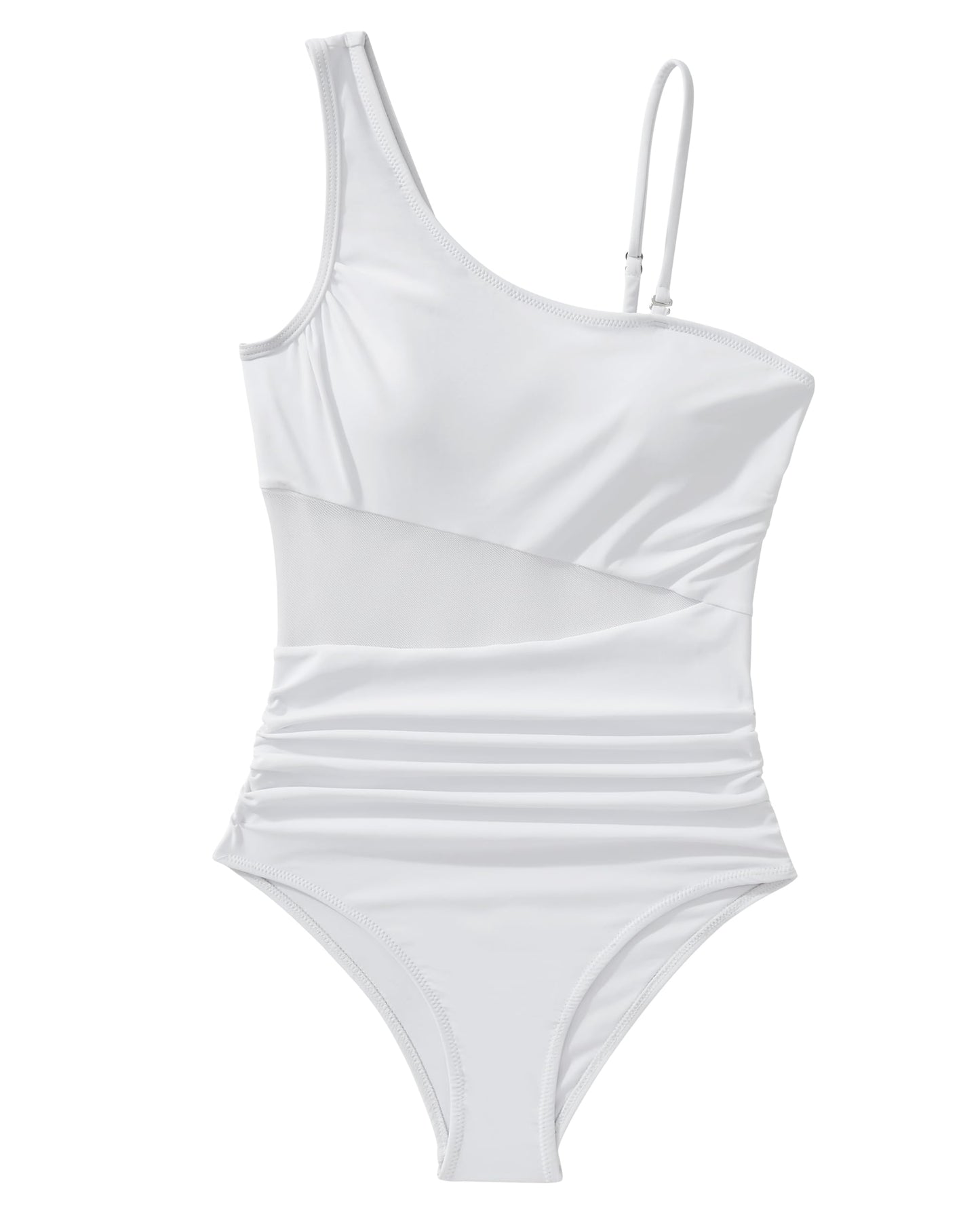 SUUKSESS Women Sexy Mesh One Shoulder One Piece Swimsuit Slimming Tummy Control Bathing Suit Cut Out Monokini Swimwear (White,M)