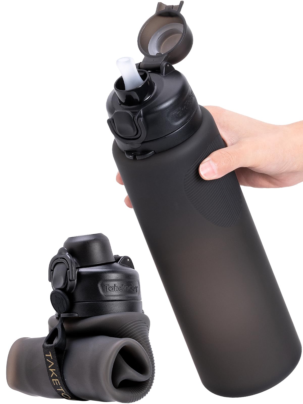 TakeToday Collapsible Water Bottles 32oz, Foldable Travel Bottle, TSA-Approved Leakproof Newly Silicone Water Bottle for Hiking, Travel, Outdoors, Black