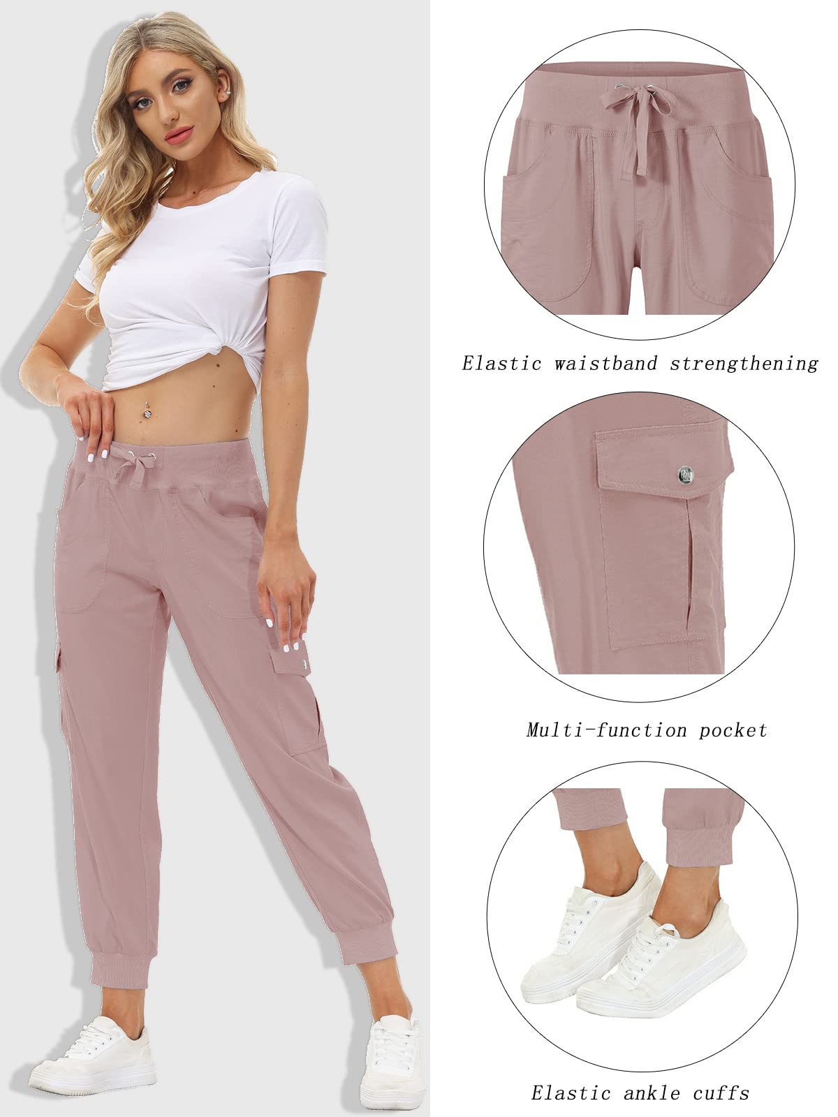 MoFiz Hiking Cargo Pants for Women with Pockets Lightweight Quick Dry Athletic Outdoor Summer Travel Casual Joggers Sweatpants Dusty Pink M
