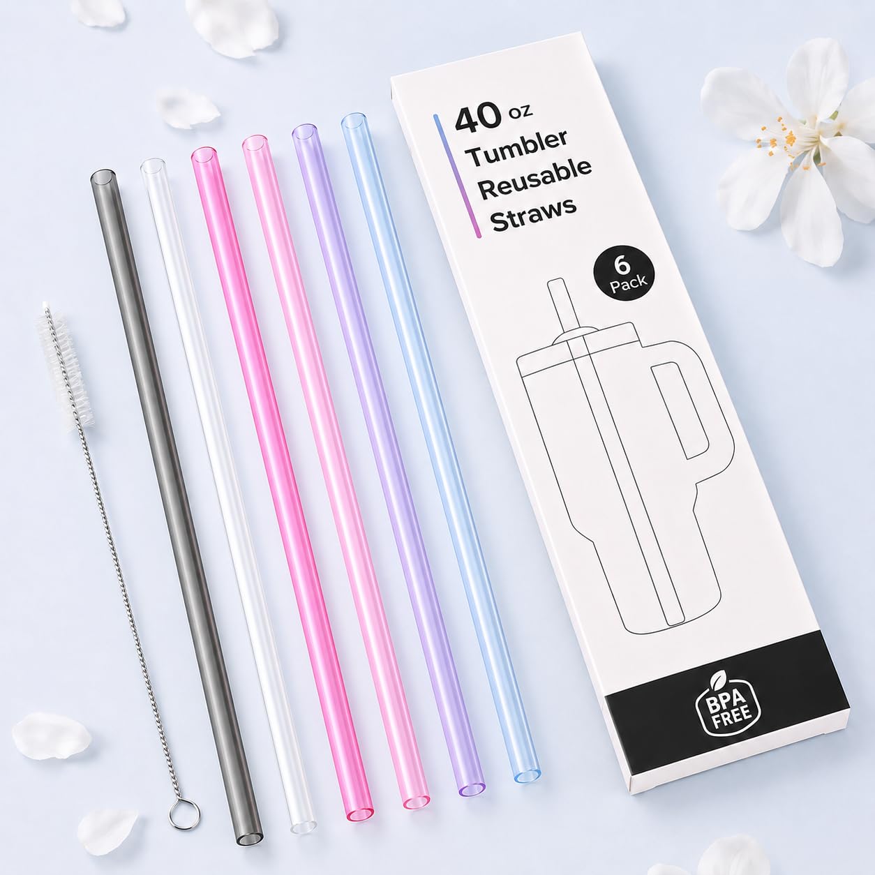 Joshey 12 Inch Tritan Replacement Straws for Stanley 40oz Tumbler - 6 Pack Reusable Long Straw with Cleaning Brush, Fits 30oz & 40oz Stanley Cup Accessories, BPA-Free (3 Colors)