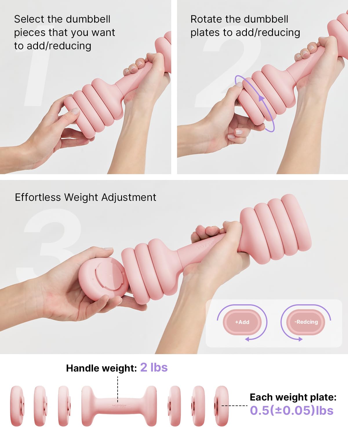 YOTTOY Adjustable Dumbbell Set of 2, 4-in-1 Hand Weights for Women at Home, Compact Free Weights Dumbbells Set with Soft Grip and Base, 2-5 lbs Each for Home Gym (Pink)