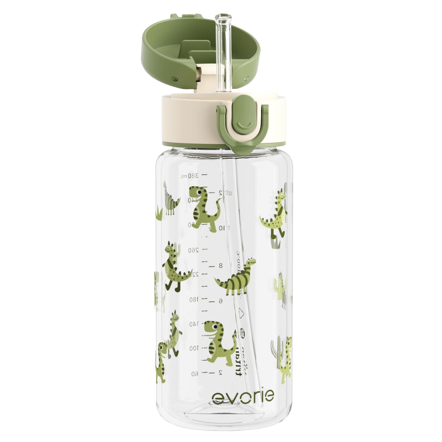 Evorie Tritan Kids Water Bottle with Straw, 13oz BPA-Free Leak-Proof Drinking Bottle for School & Travel, Lightweight Clear Water Bottle, Dishwasher Safe, for Kids Ages 3+ (Green Dino)