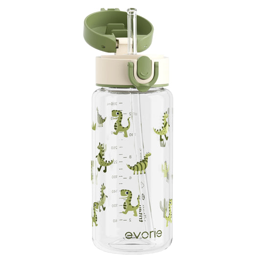 Evorie Tritan Kids Water Bottle with Straw, 13oz BPA-Free Leak-Proof Drinking Bottle for School & Travel, Lightweight Clear Water Bottle, Dishwasher Safe, for Kids Ages 3+ (Green Dino)