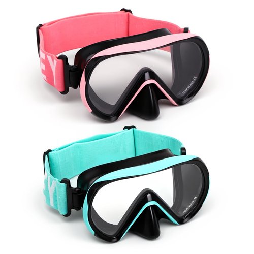 HIKOTEY Swimming Goggles for Kids(2 Pcs), Elastic Fabric Strap, Tempered Glass Diving Mask 180°Clear View Snorkel Goggle for Kids Ages 6-16, Anti-Fog (2 Pack-Black Cyan & Black Pink)
