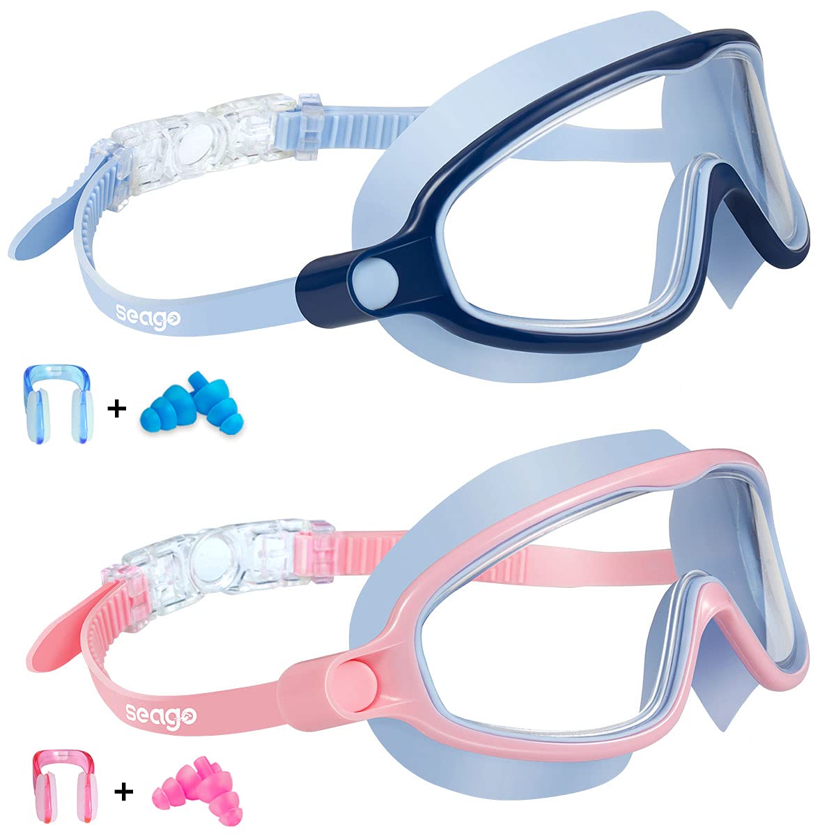 Kids Goggles for Swimming 2 Pack No Leaking Anti-Fog Outer Eye Fit with Wide View UV Protection Crystal Clear Watertight Swim Goggles with nose cover Suitable for Children Youth Boys Girls Age 3 to 14