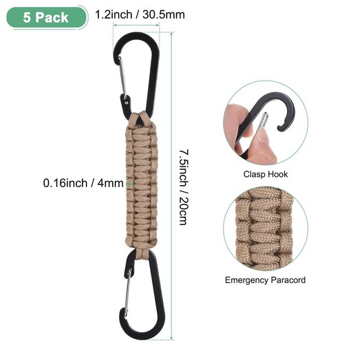M METERXITY 5-Pack Braided Paracord Keychain with Clips, 7.9 Inch Paracord Lanyard Clips Durable Hanger Hook for Backpacks Water Bottle for Camping/Hiking/Fishing/Traveling [Khaki]
