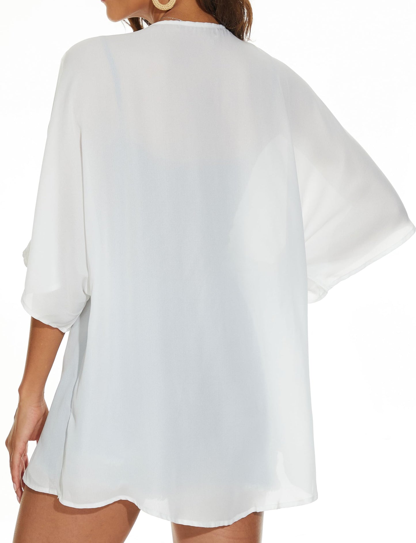 Women Summer Tops Kimono Cardigans Sheer Beach Cover Ups Chiffon Open Front Shirts （White,5XL