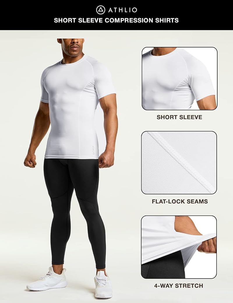 Athlio 3-Pack Men’s Cool Dry Short Sleeve Compression Shirts - Baselayer Athletic Tops, White, Medium