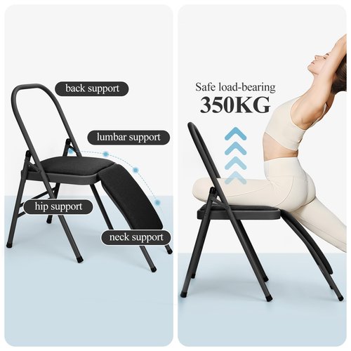 tonchean Yoga Auxiliary Chair with Lumbar Back Support Professional Thickened Foldable Balance Handstand Training Tool Abs & Core Strength Training for Seniors and Adults（Black）