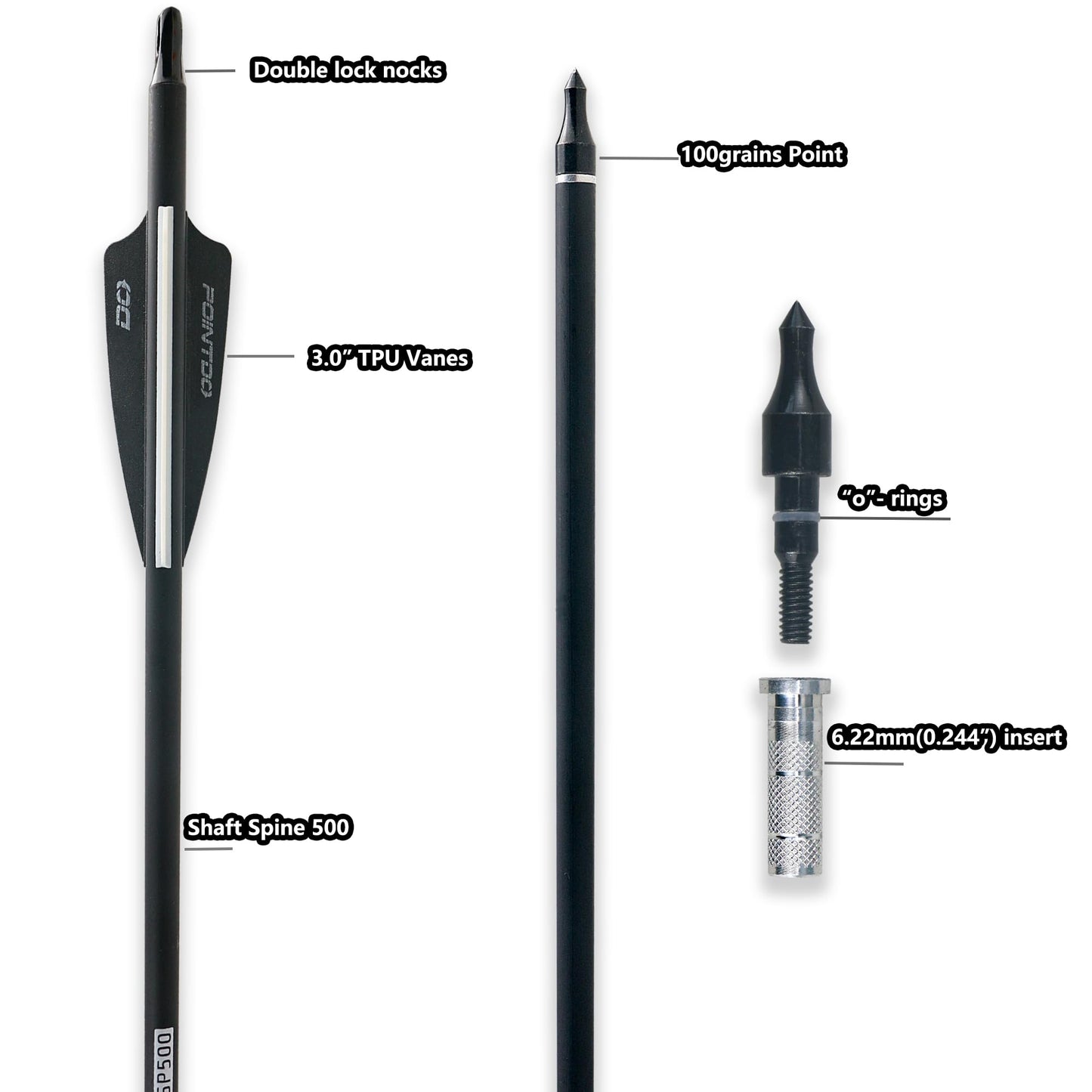 Pointdo 28"/30"/32inch Carbon Arrow Practice Hunting Arrows with Removable Tips for Compound & Recurve Bow(Pack of 12) (2Black&White, 28inch)