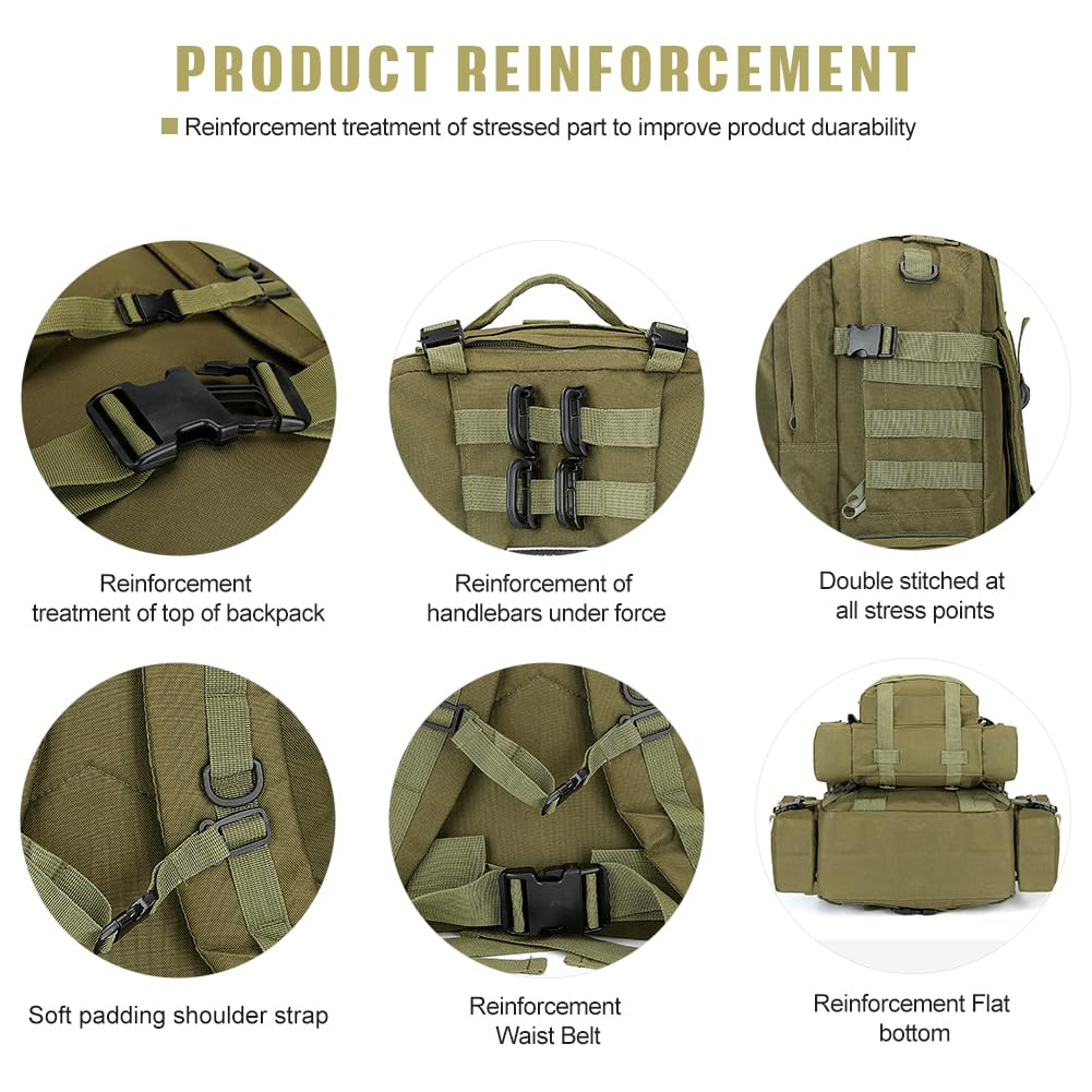 CALUOMATT Large Military Tactical Backpack for Men, 40-50L Backpacks for Women, Bug out Bag Army 3 Days Pack Bags Rucksack with Molle System Green