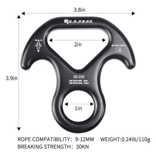 S.E.PEAK 30kN Rescue Figure 8 Descender with Bent-Ear, Rappelling Gear Downhill Equipment Belay Device for Rock Climbing/Aluminum Alloy, Black